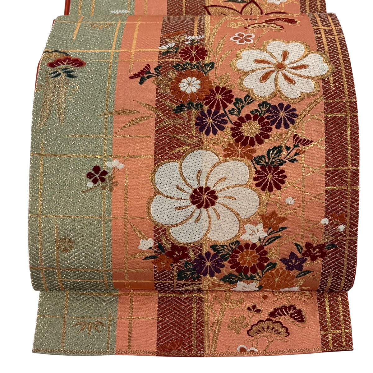 【美品】 袋帯 秀品 関西仕立て 草花 桧垣 唐織 金銀糸 サーモンピンク 六通 正絹 【中古】