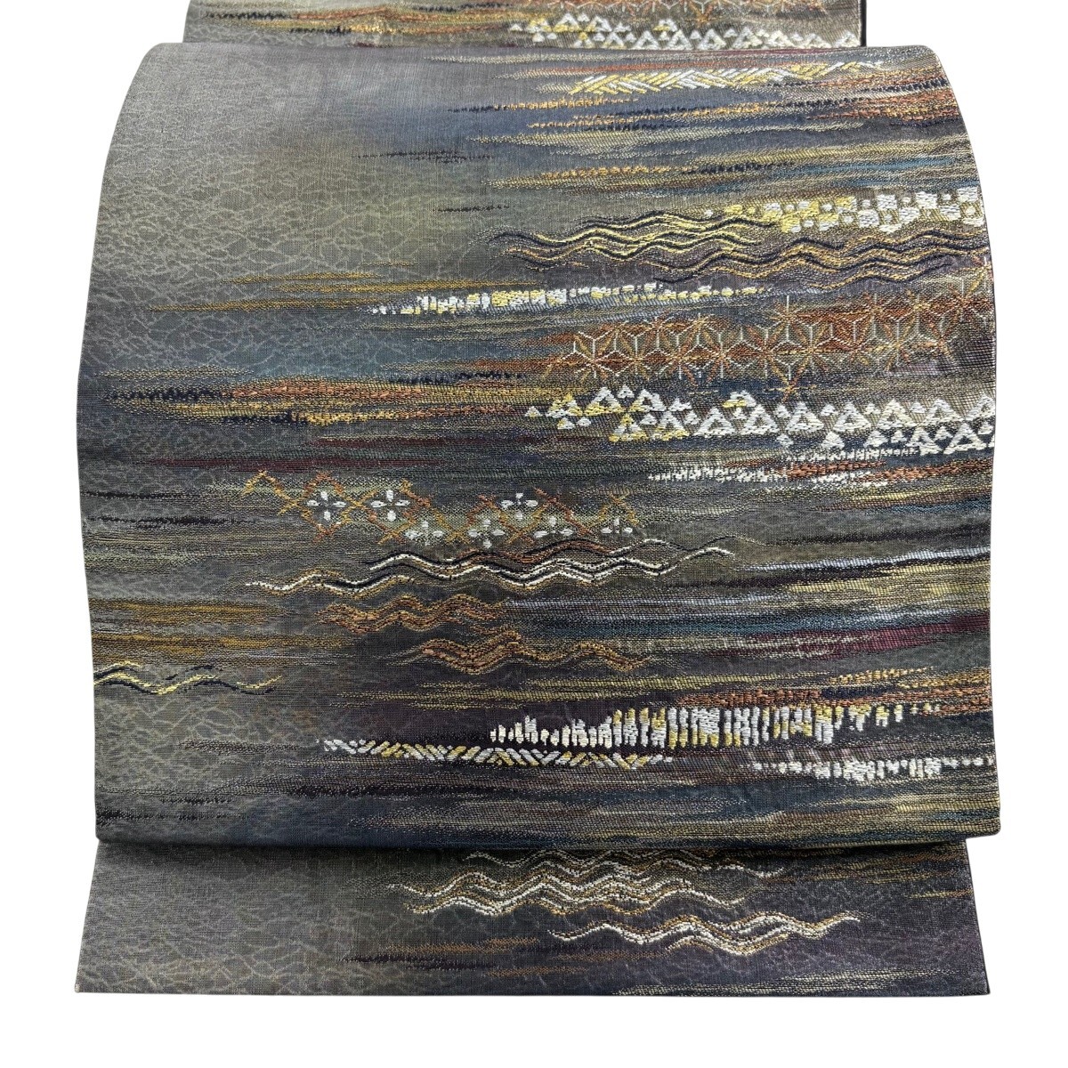 【美品】 袋帯 秀品 霞 有職文様 箔 墨色 六通 正絹 【中古】