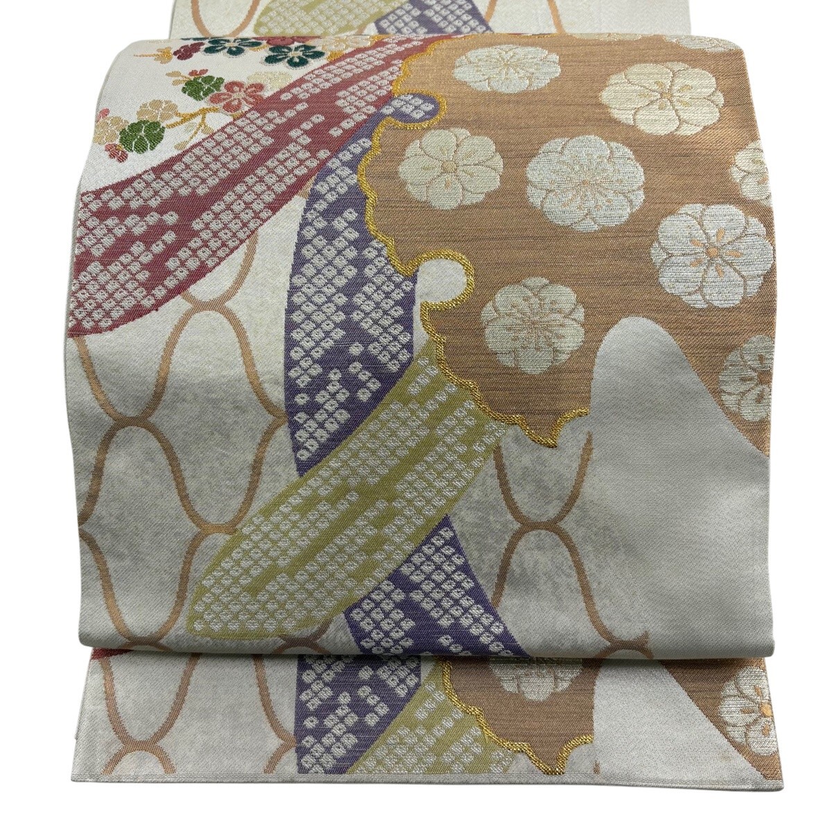 袋帯 秀品 関西仕立て 梅 雪輪 金銀糸 箔 灰白 六通 正絹 【中古】