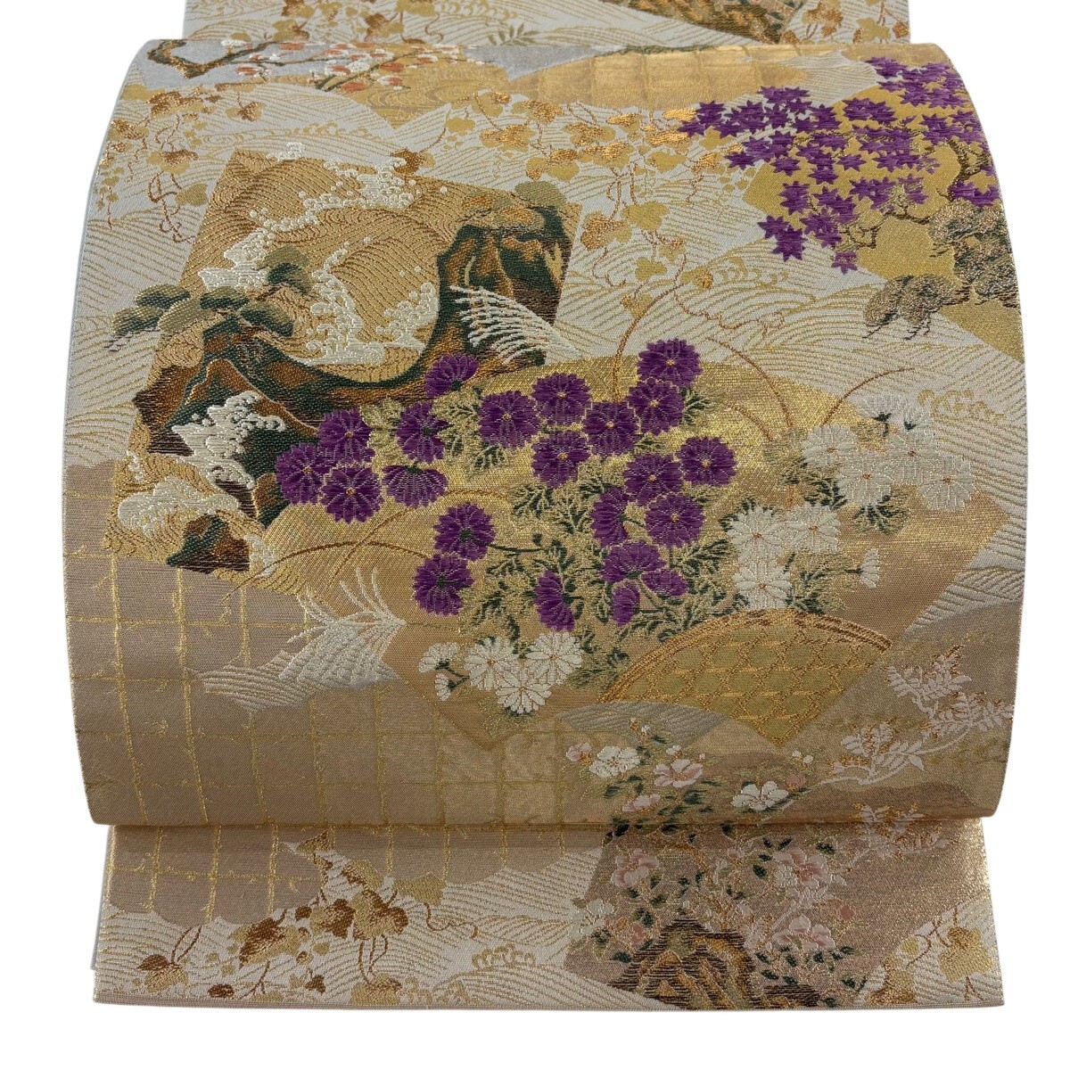 【美品】 袋帯 逸品 じゅらく 落款 じゅらく帝王紫 扇面 菊 金銀糸 箔 灰白 お太鼓柄 正絹 【中古】