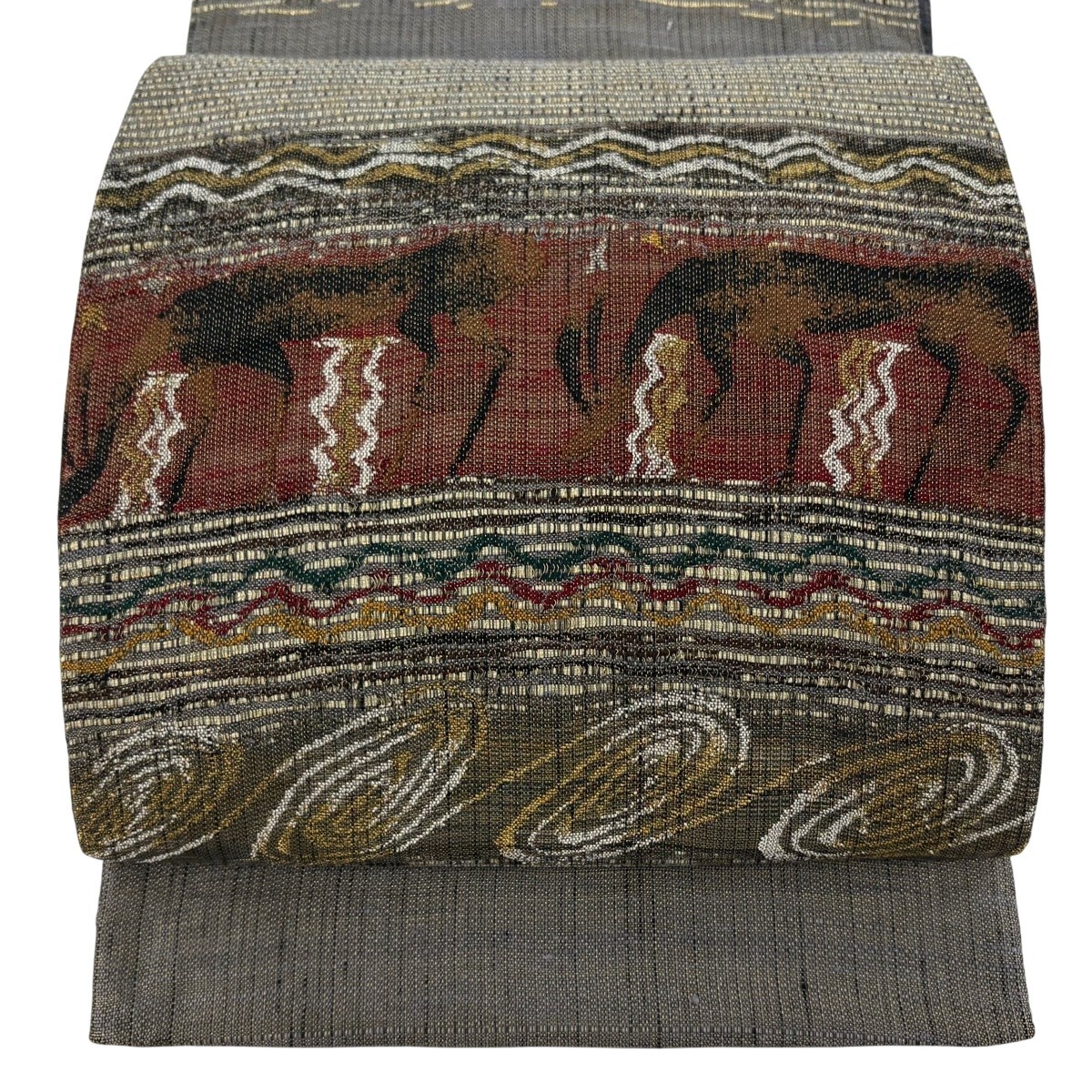 【美品】 袋帯 逸品 渡文 落款 動物 さざ波 金糸 灰色 お太鼓柄 正絹 【中古】