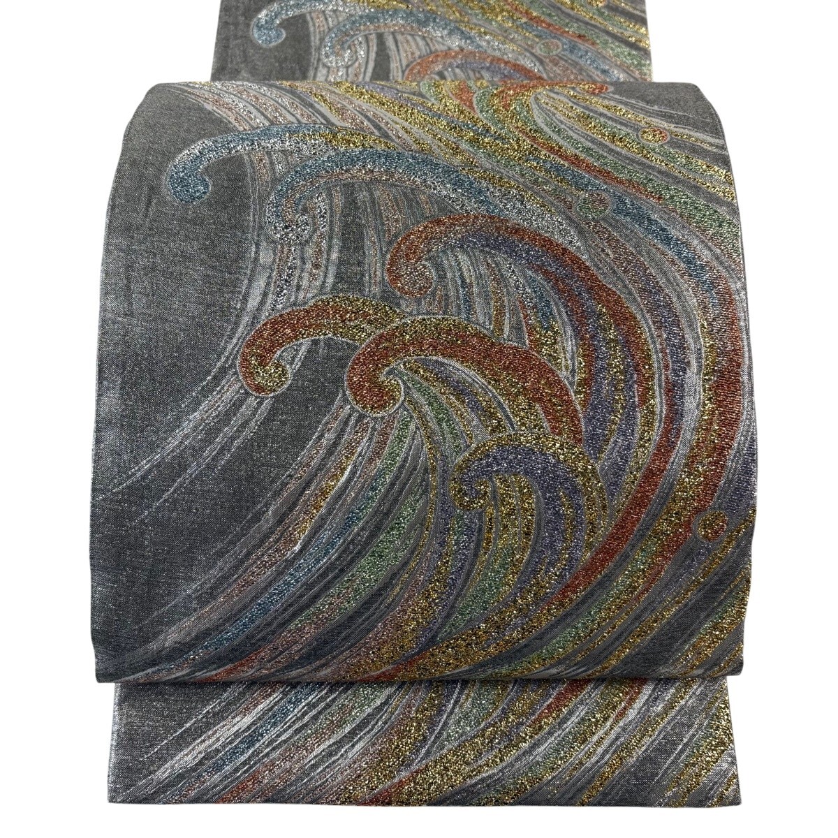 【美品】 袋帯 秀品 波頭 箔 銀色 六通 正絹 【中古】