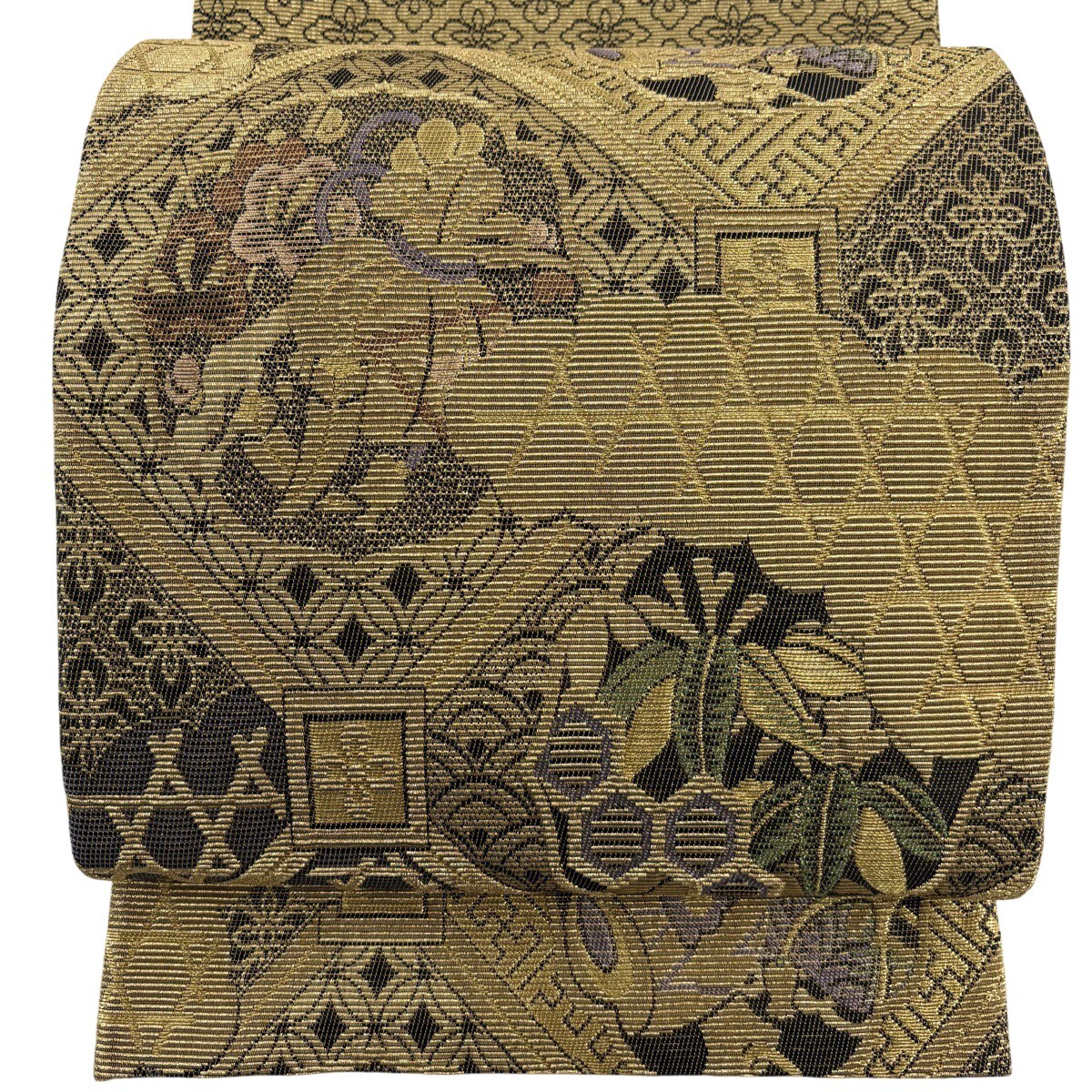 【美品】 袋帯 名品 松竹梅 宝 金糸 輪奈織 金色 お太鼓柄 正絹 【中古】