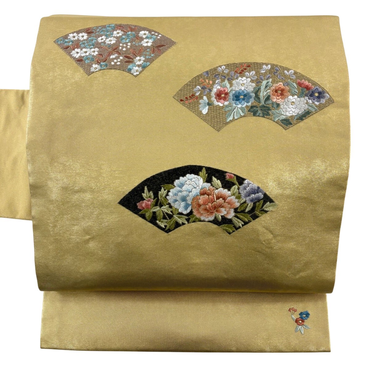 【美品】 名古屋帯 秀品 扇面 草花 刺繍 箔 金色 正絹 【中古】