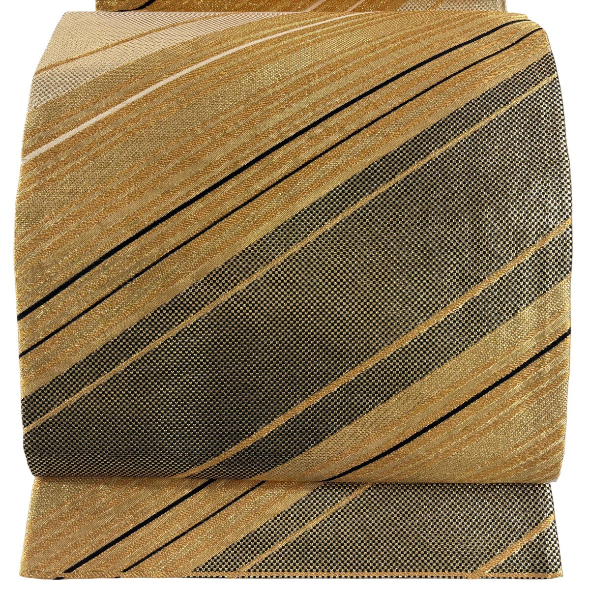 袋帯 秀品 斜縞 金糸 箔 金茶 六通 正絹 【中古】