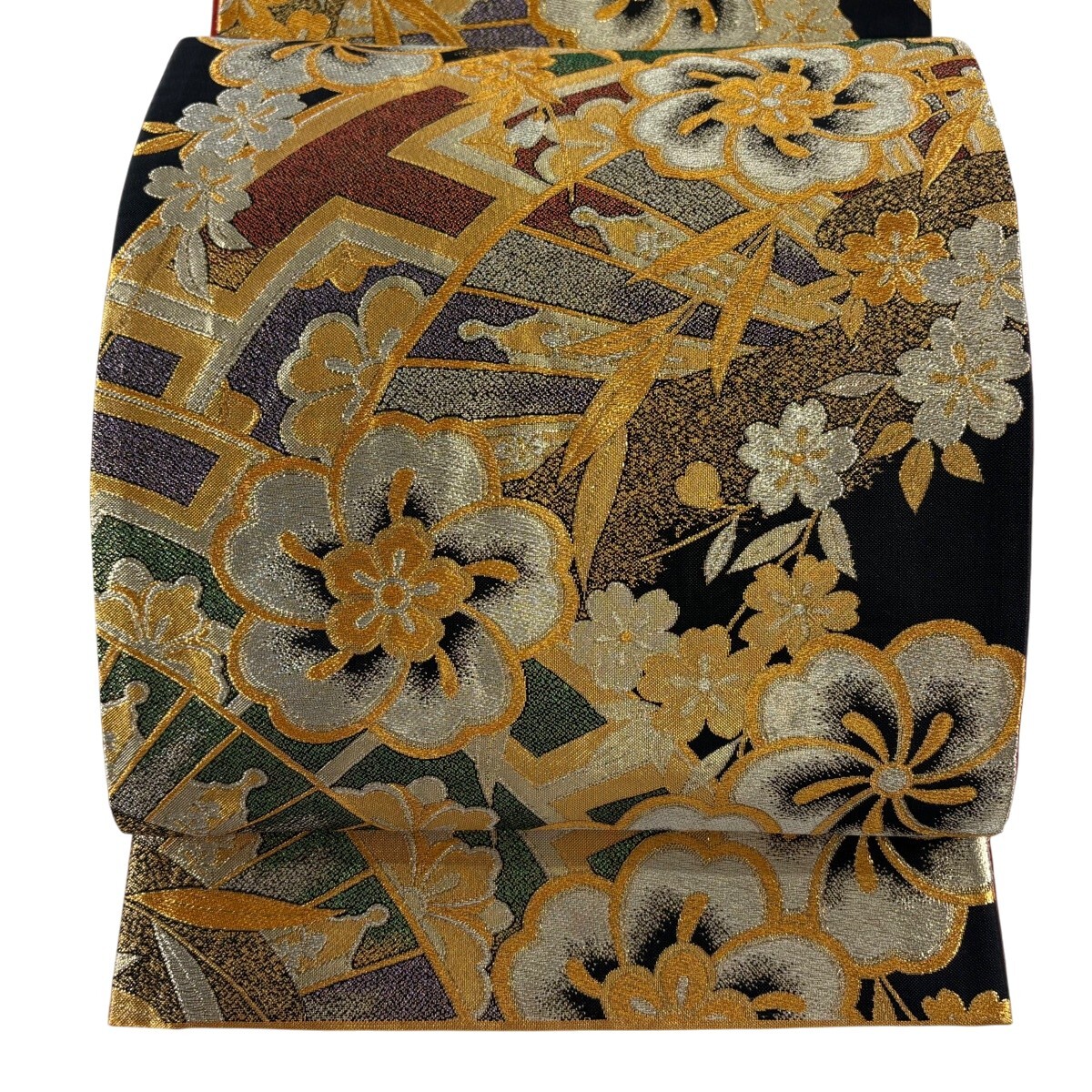 【美品】 袋帯 秀品 振袖向き 桜 片輪車 金銀糸 箔 黒 六通 正絹 【中古】