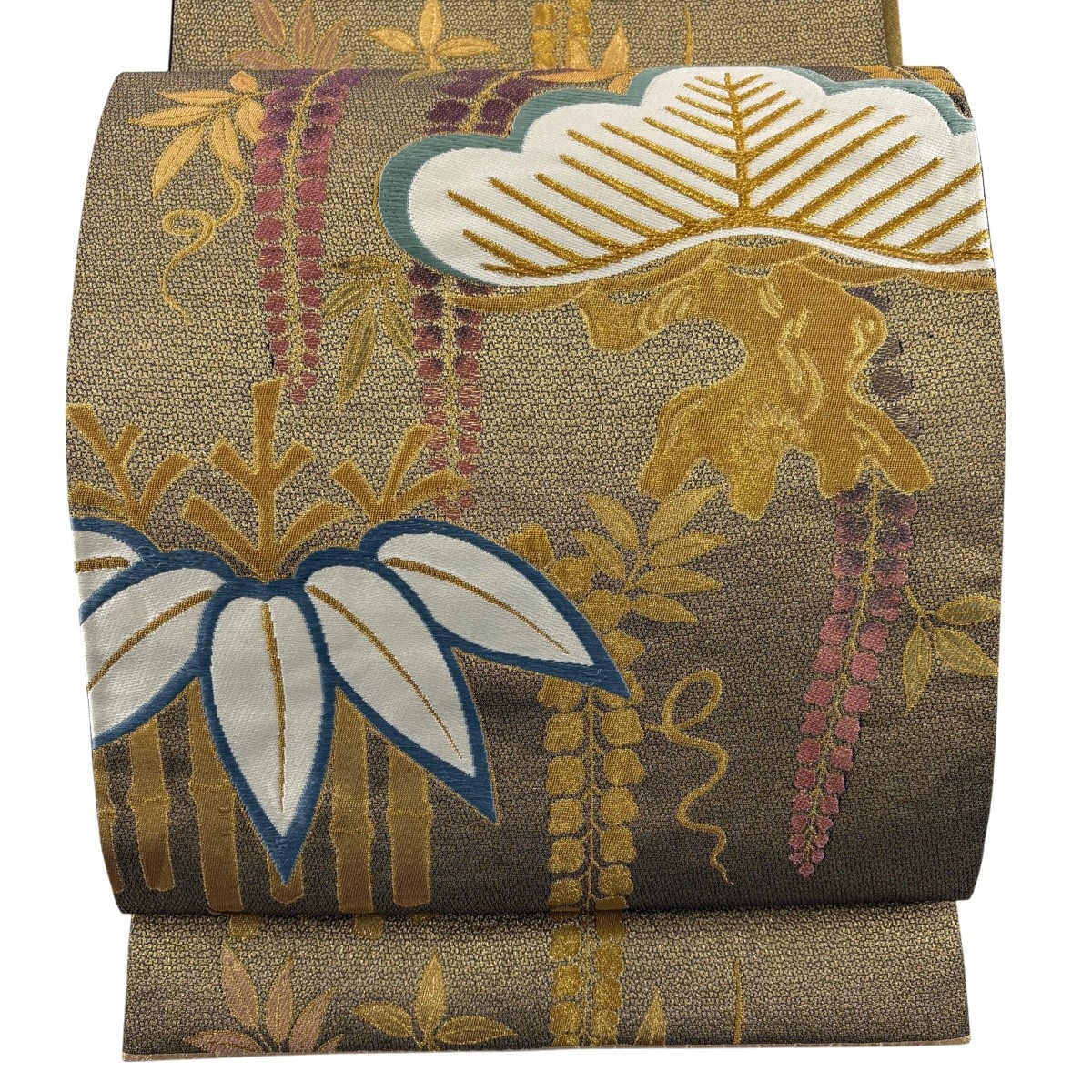 袋帯 秀品 振袖向き 松竹梅 藤 金糸 箔 金茶 六通 正絹 【中古】