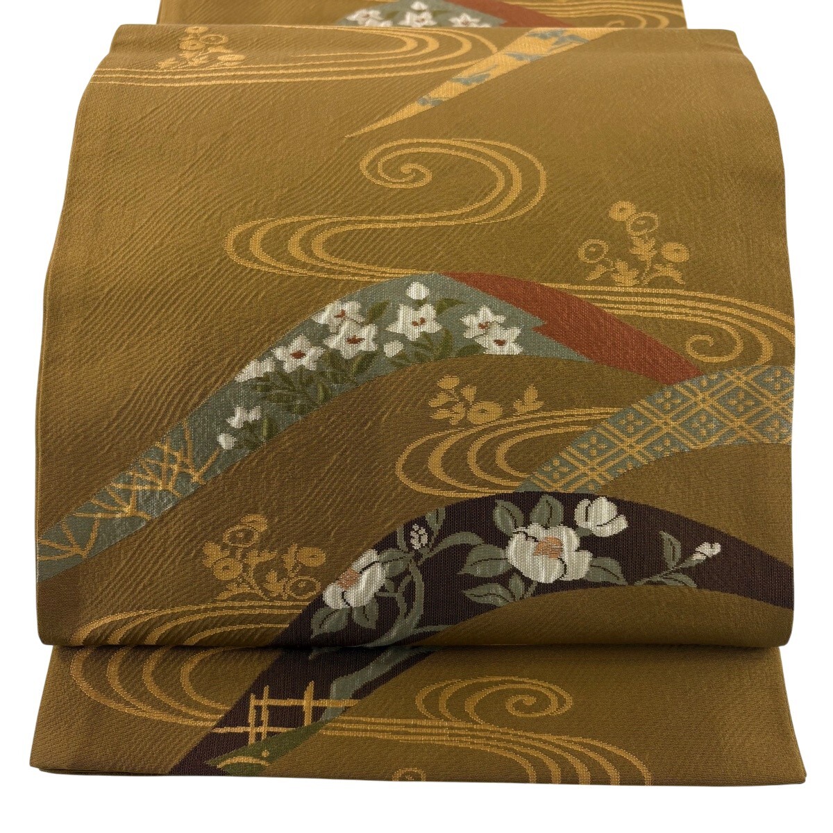 【美品】 袋帯 秀品 草花 流水 茶色 六通 正絹 【中古】