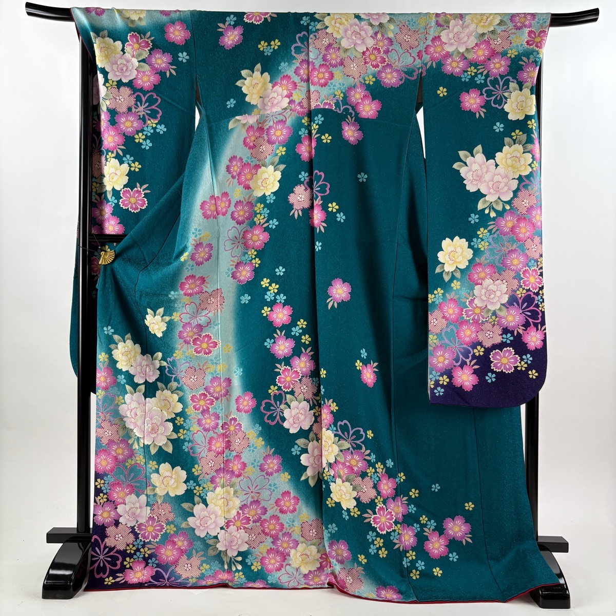 【在庫一掃】 【美品】 振袖 身丈175.5cm 裄丈69.5cm L 袷 草花 銀通し 刺繍 緑 正絹 逸品 【中古】