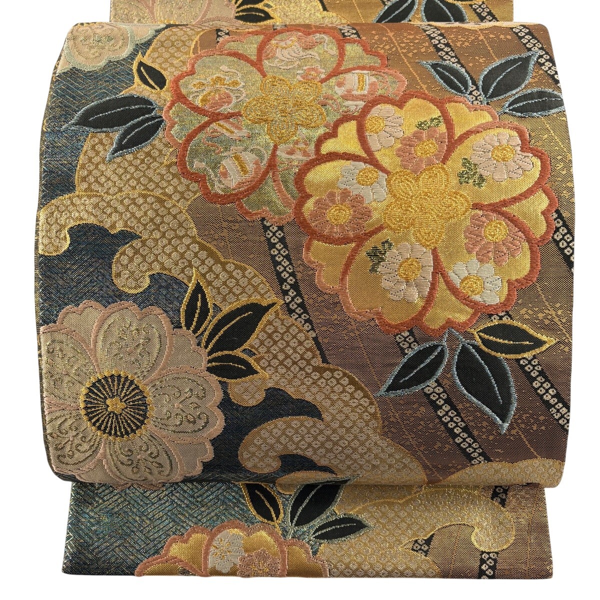 【美品】 袋帯 秀品 落款 振袖向き 桜 波頭 金糸 箔 金茶 六通 正絹 【中古】