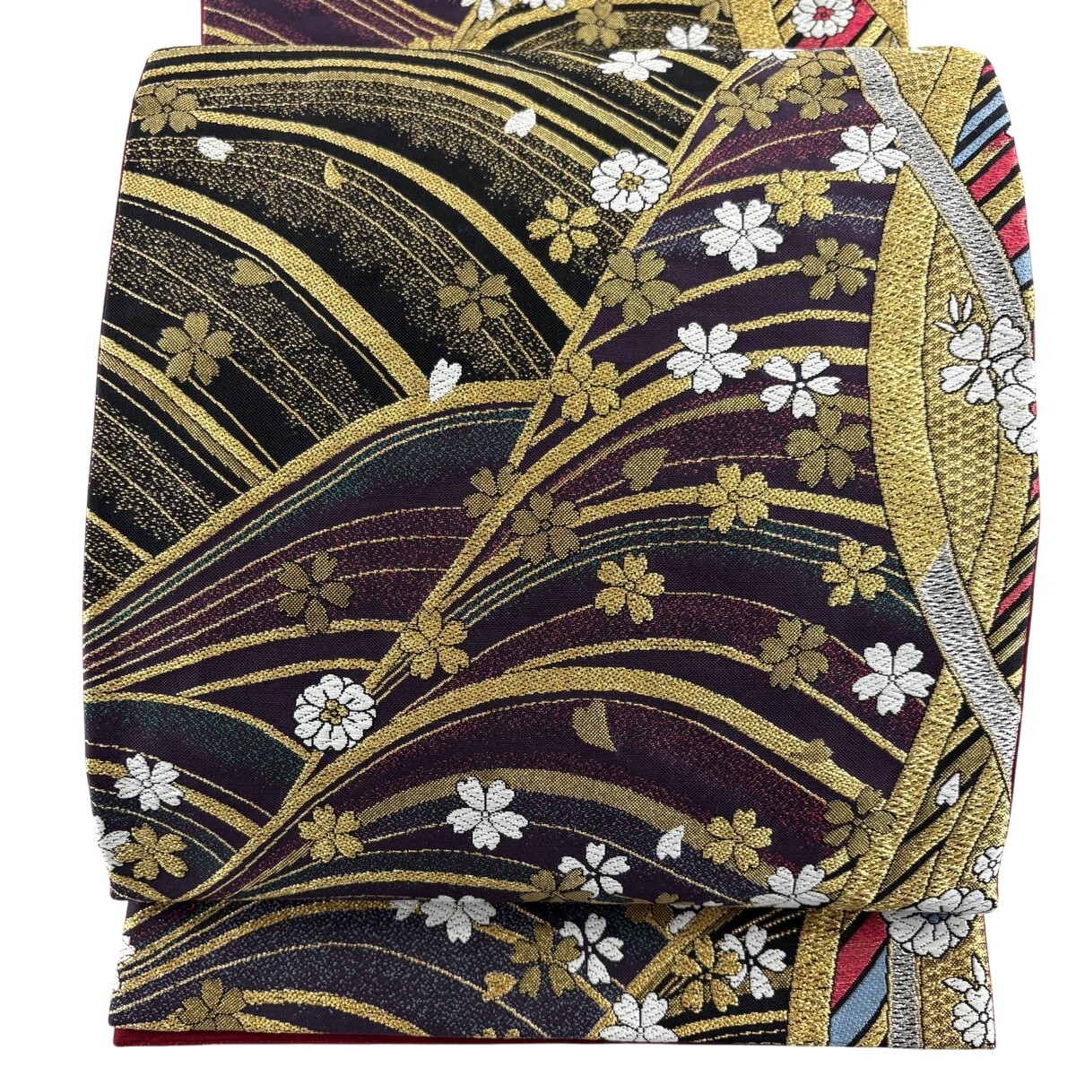 【美品】 袋帯 秀品 桜 波 金銀糸 赤紫 六通 正絹 【中古】