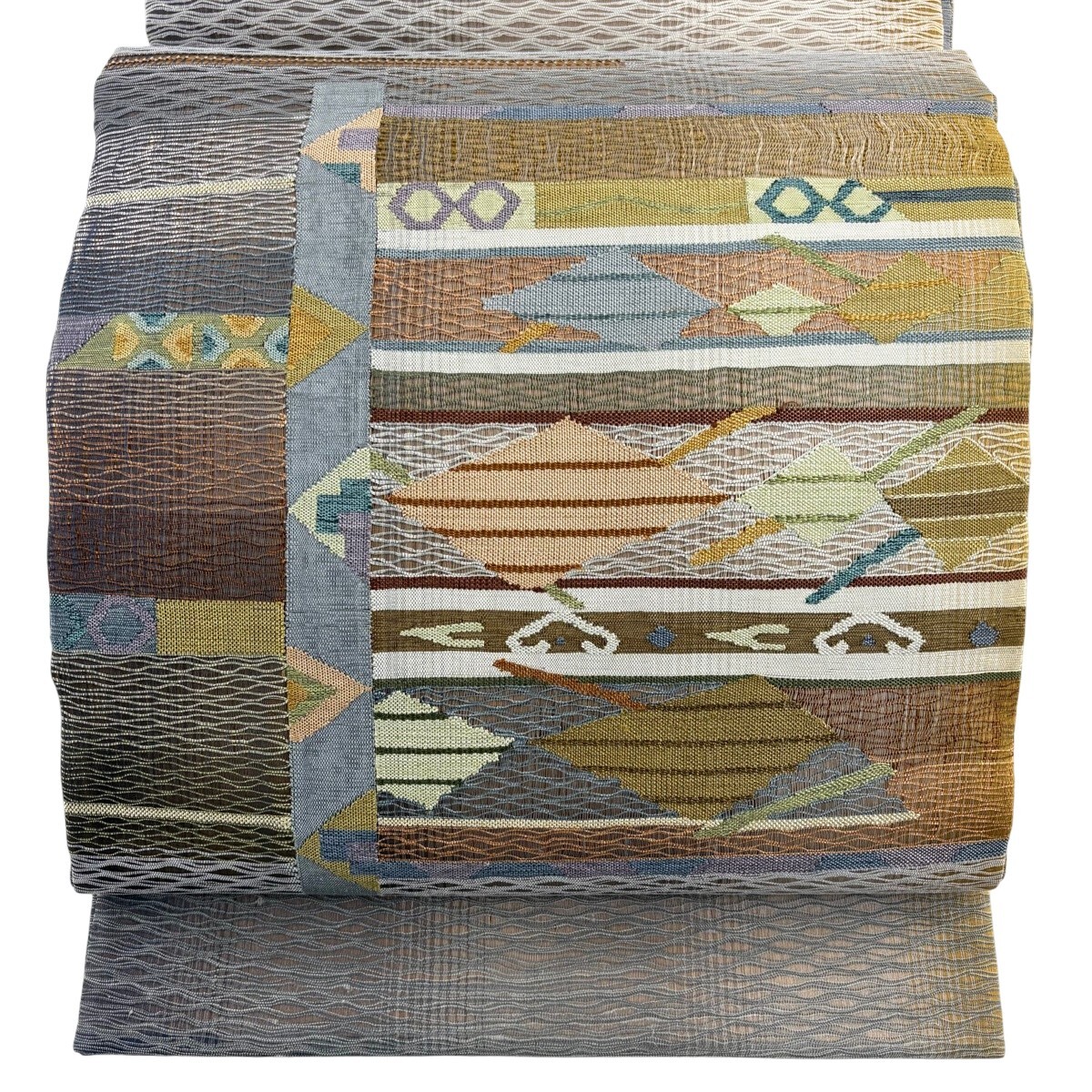 【美品】 袋帯 秀品 幾何学 金糸 鶯色 お太鼓柄 正絹 【中古】