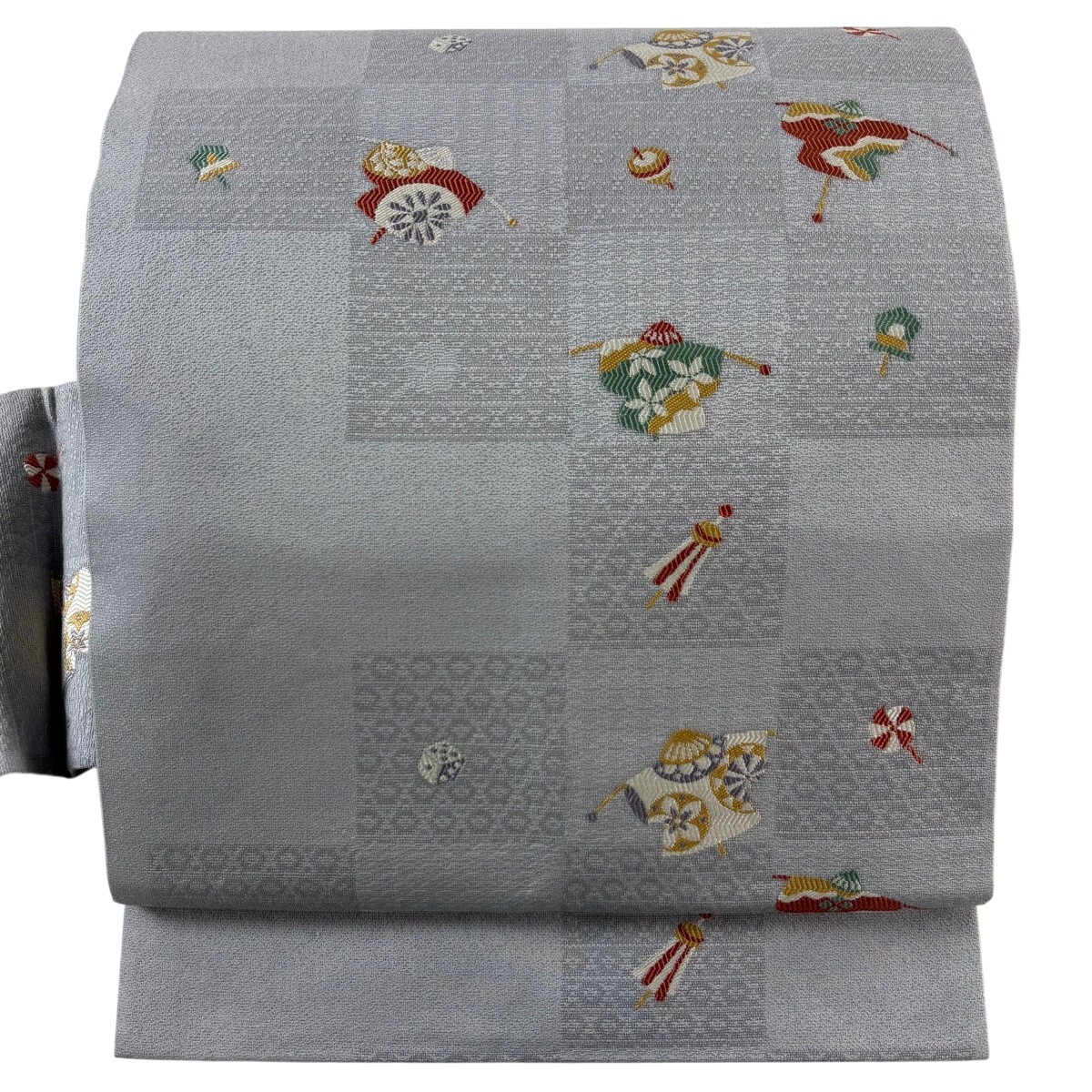 【美品】 名古屋帯 名品 やじろべえ 独楽 灰色 正絹 【中古】