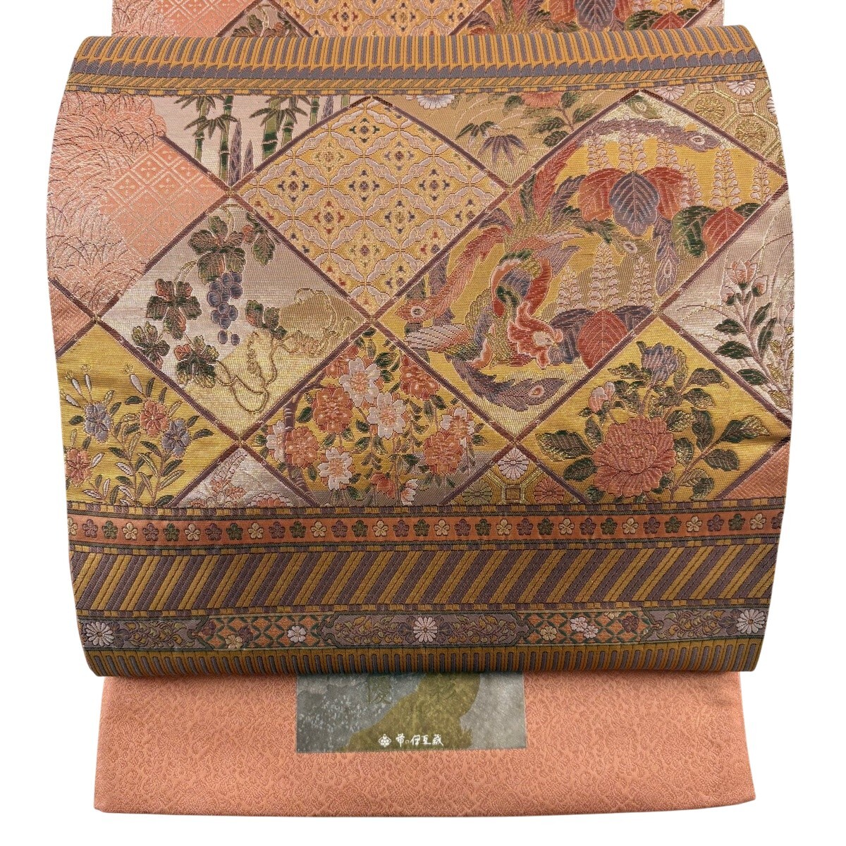 【美品】 袋帯 秀品 証紙 鳳凰 草花 箔 金糸 サーモンピンク 六通 正絹 【中古】