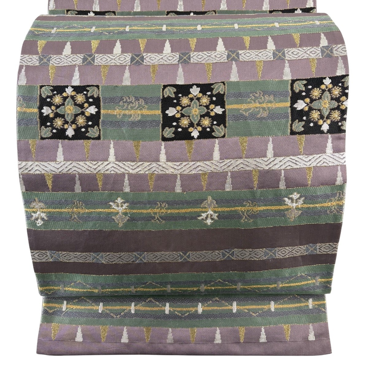 袋帯 秀品 縞 幾何学模様 金糸 箔 紫 六通 正絹 【中古】