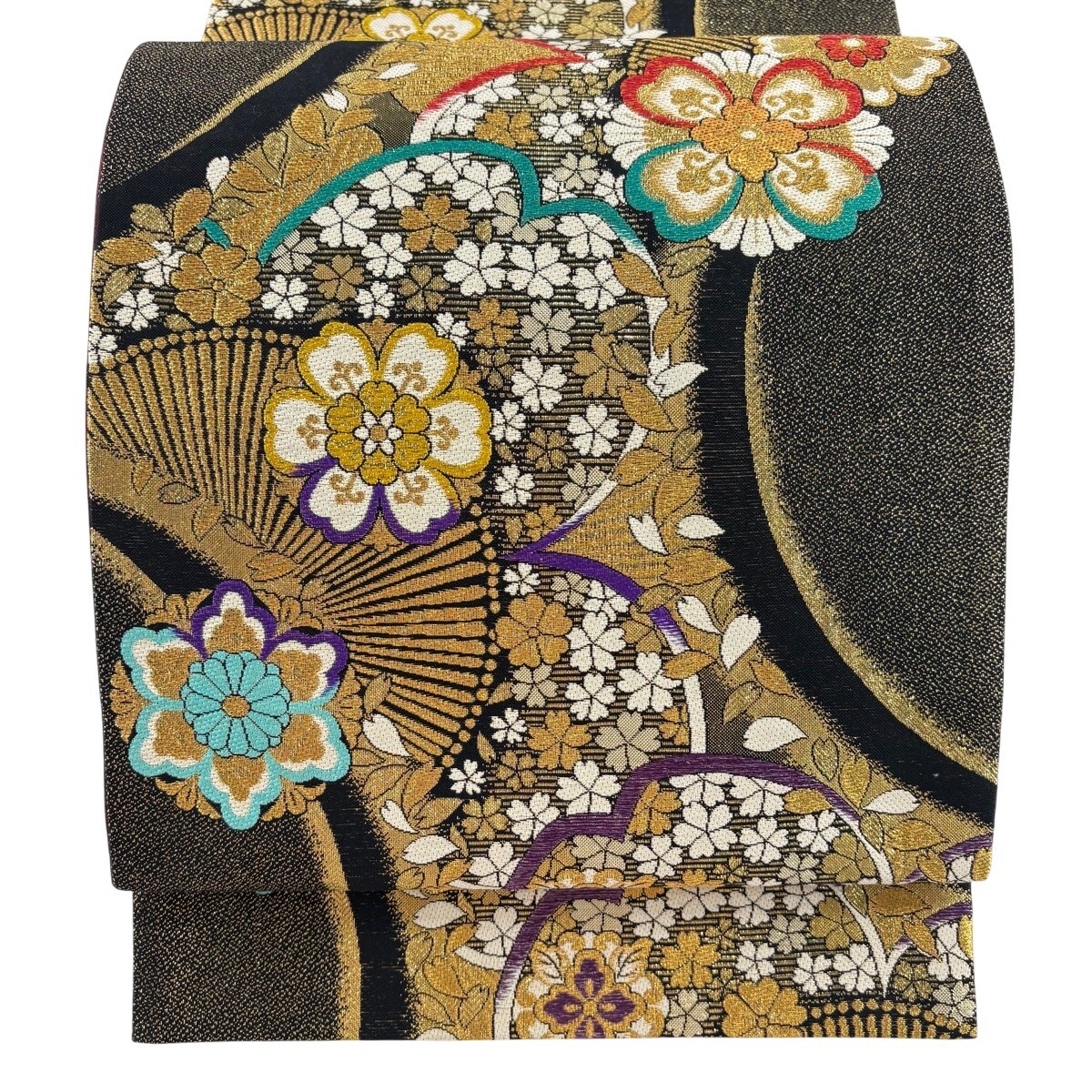 【美品】 袋帯 秀品 葉は 花びら 金糸 箔 黒 六通 正絹 【中古】