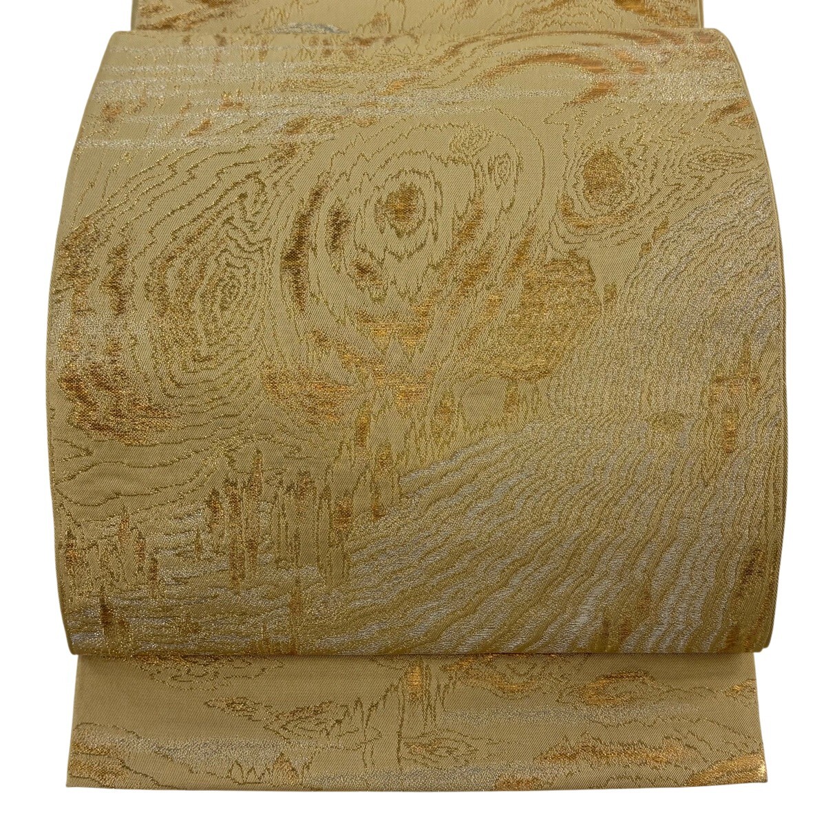 【在庫一掃】 袋帯 逸品 龍村平蔵 落款 幾何学模様 金銀糸 箔 ベージュ お太鼓柄 正絹 【中古】