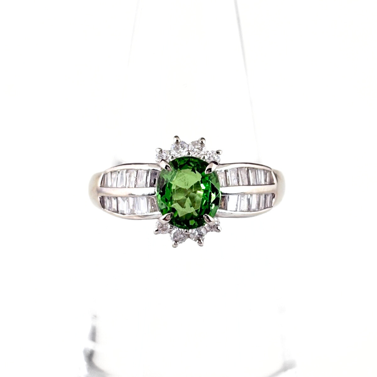グリーングロッシュラーガーネット デザインリング プラチナ 指輪 メレダイヤ 12号 Pt900 ダイヤモンド レディース 【中古】