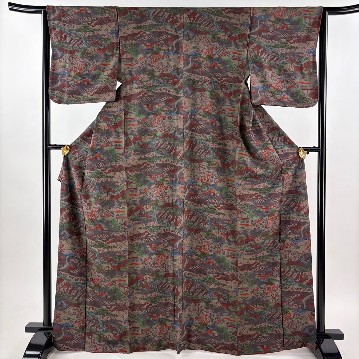 小紋 身丈167.5cm 裄丈64cm M 袷 建物 樹木 赤紫 正絹 優品 【中古】