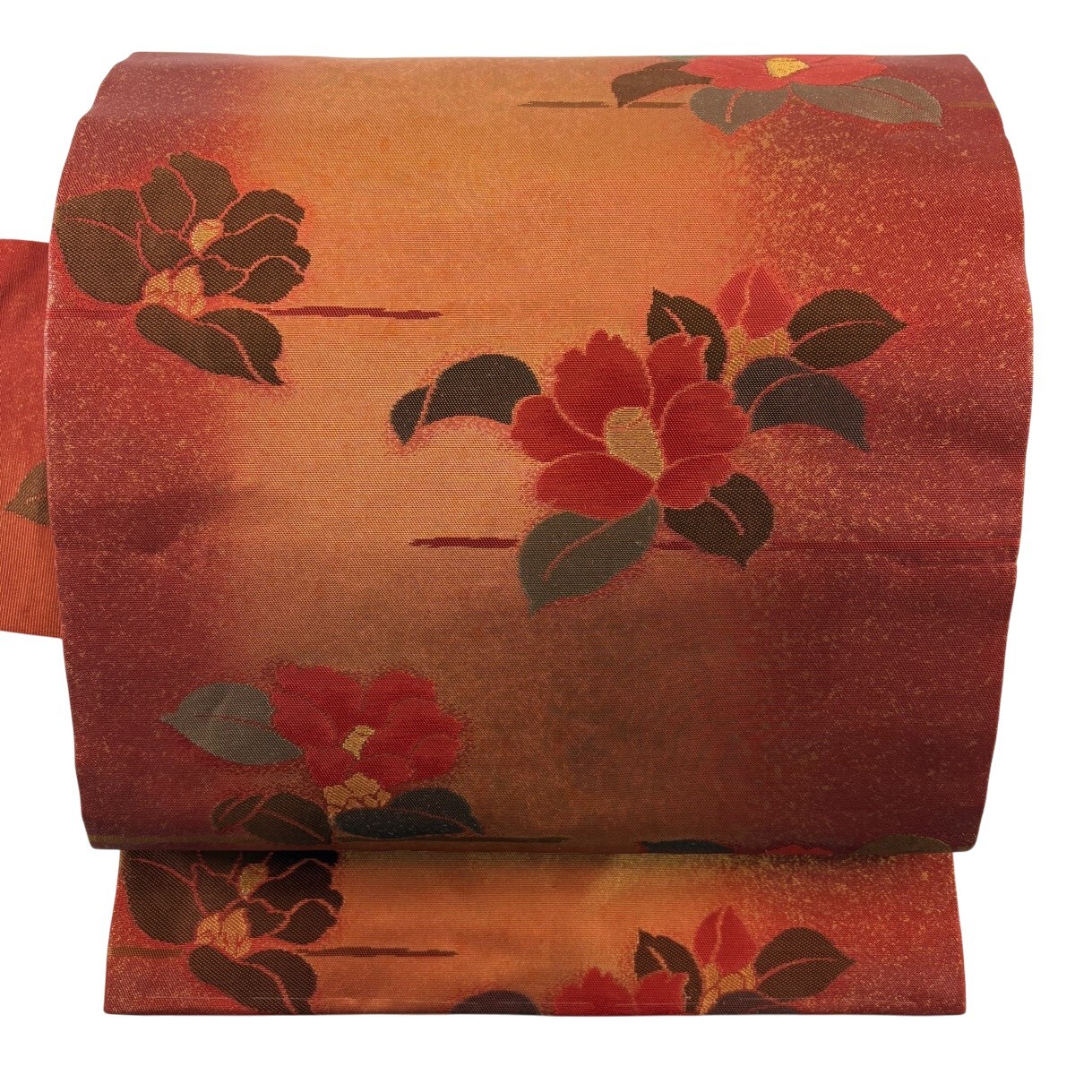 【美品】 名古屋帯 優品 椿 霞 金糸 箔 赤 正絹 【中古】