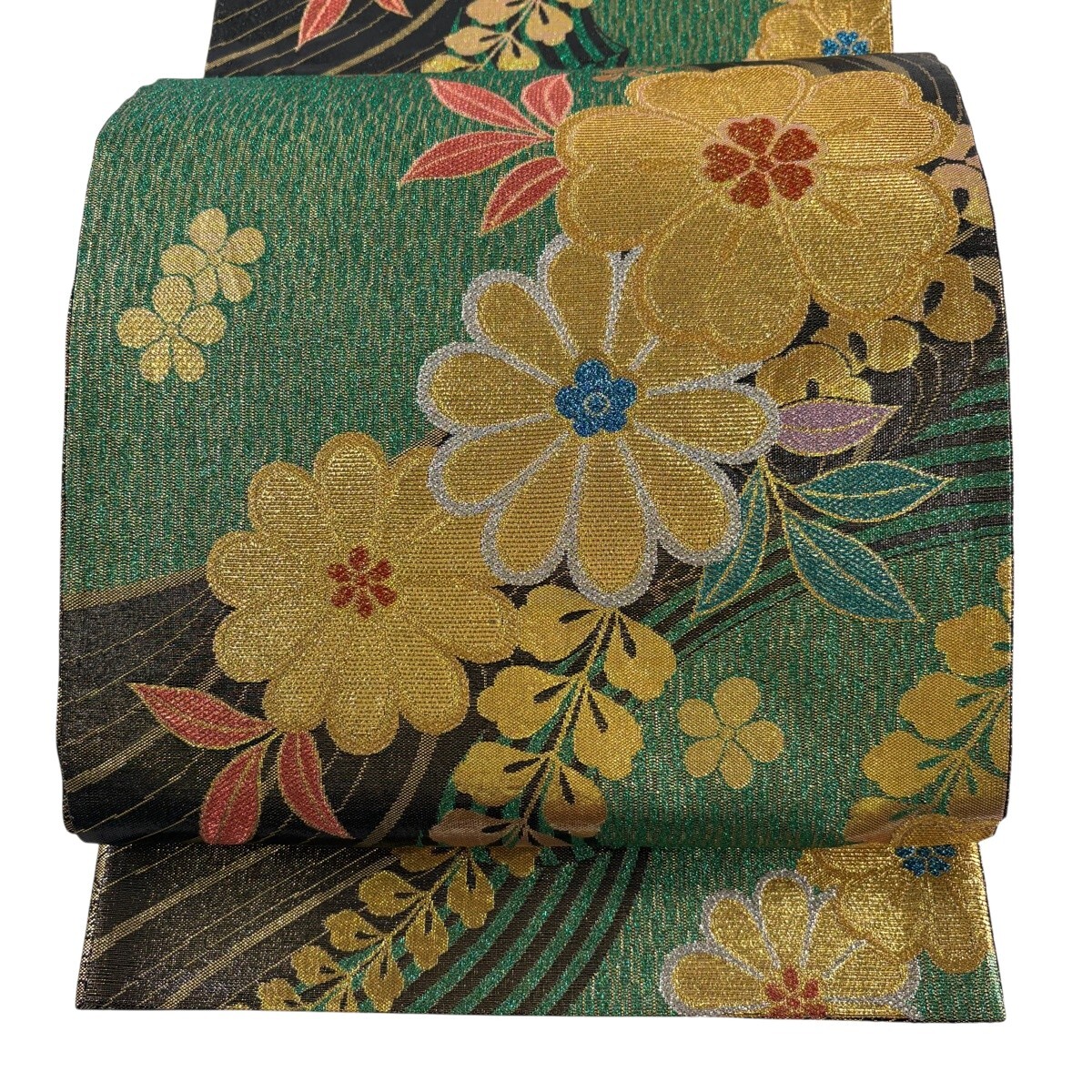 【美品】 袋帯 秀品 落款 振袖向き 草花 流水 金糸 箔 緑 六通 正絹 【中古】