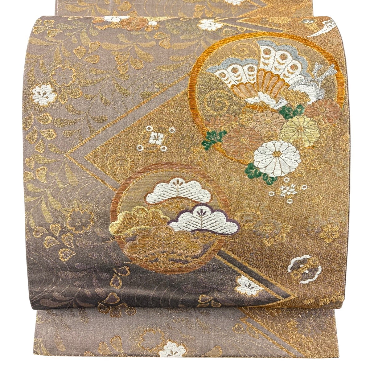 【美品】 袋帯 秀品 蝶 松 唐織 金銀糸 灰紫 六通 正絹 【中古】