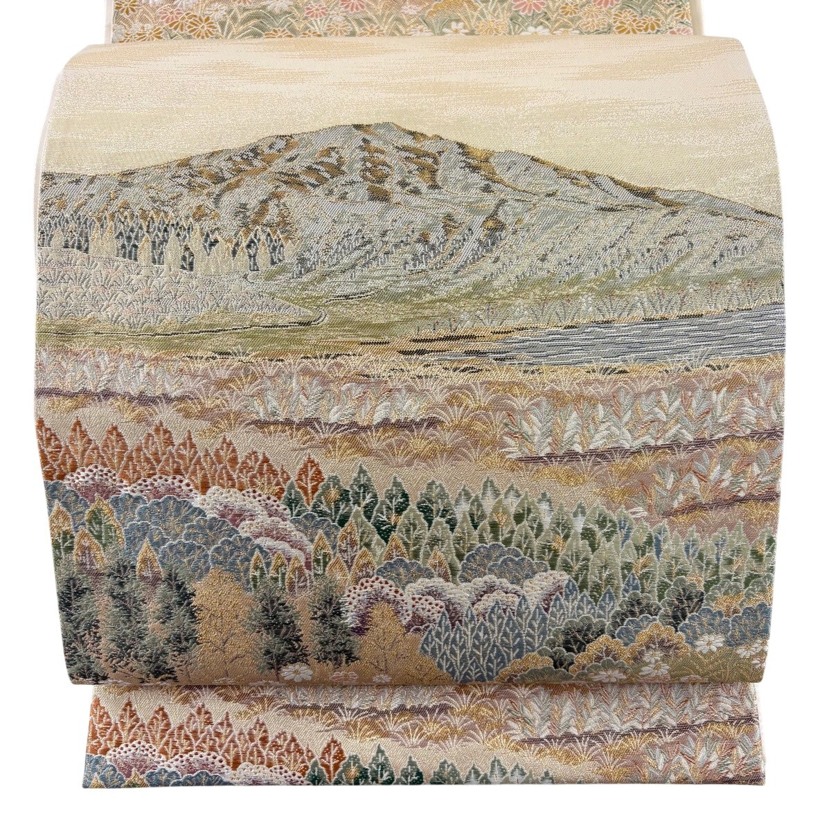 【美品】 袋帯 秀品 山 草花 金糸 箔 金色 六通 正絹 【中古】