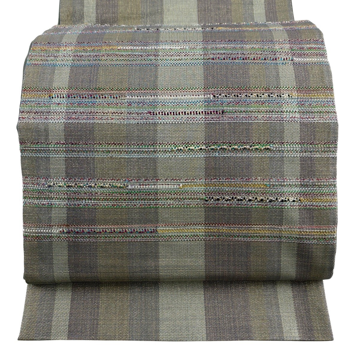 【美品】 袋帯 秀品 縞 金糸 灰緑 お太鼓柄 正絹 【中古】