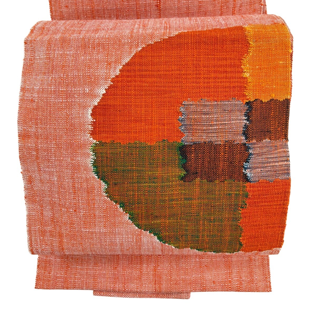 【美品】 名古屋帯 優品 八寸名古屋帯 松葉仕立て 幾何学模様 オレンジ 正絹 【中古】