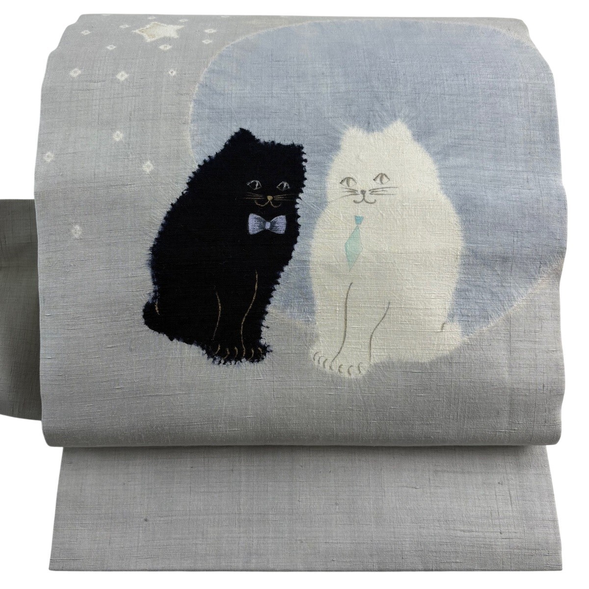名古屋帯 逸品 猫 星 絞り 金銀彩 青灰色 正絹 【中古】