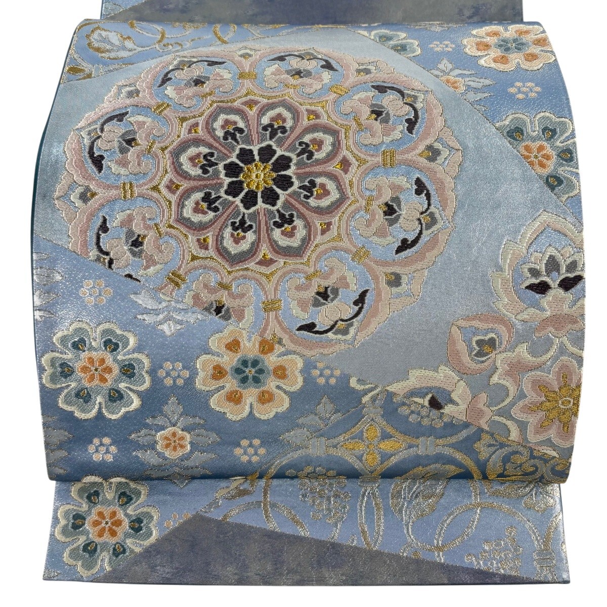 【美品】 袋帯 逸品 河村織物 落款 名物大和裂文 金糸 箔 青灰色 六通 正絹 【中古】