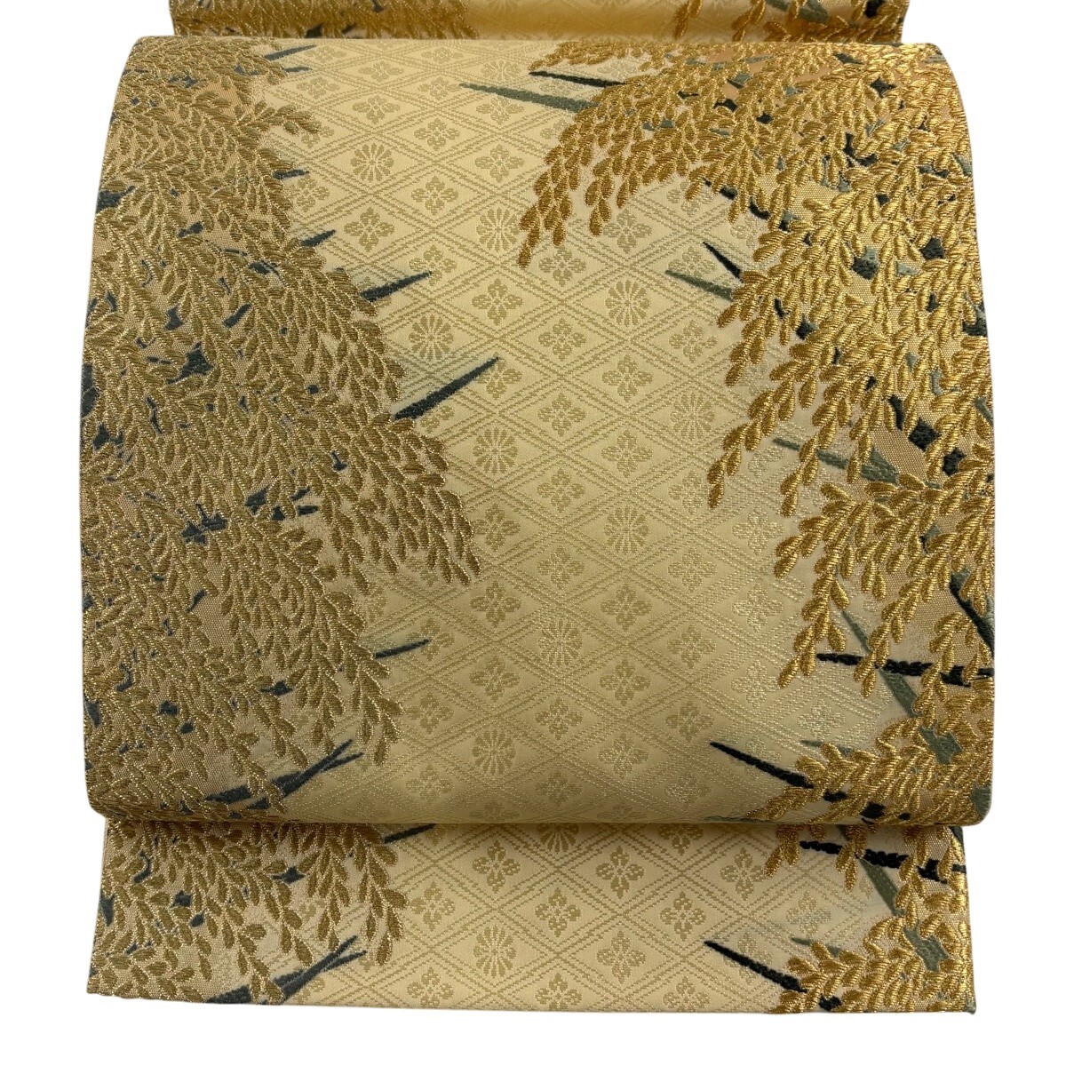 【美品】 袋帯 逸品 山口美術織物 落款 菱地豊穣文 金糸 薄黄 六通 正絹 【中古】