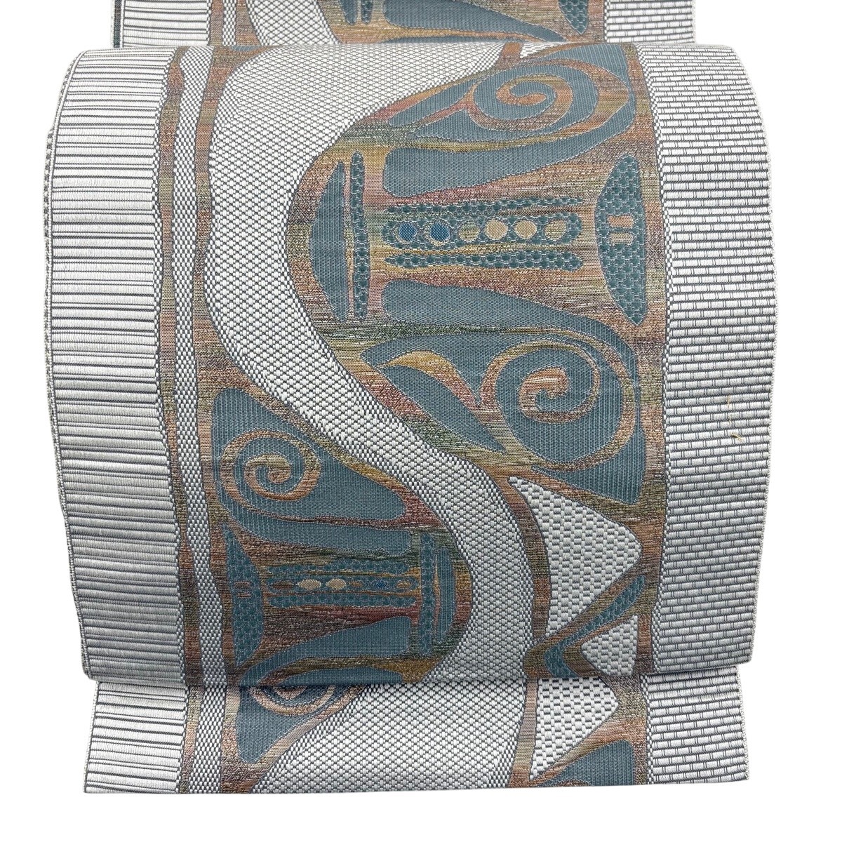 【美品】 名古屋帯 秀品 八寸名古屋帯 松葉仕立て 縞 幾何学 箔 灰色 正絹 【中古】