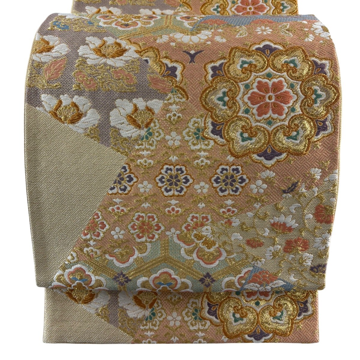 【美品】 袋帯 秀品 華文 裂取り 金糸 箔 金色 六通 正絹 【中古】