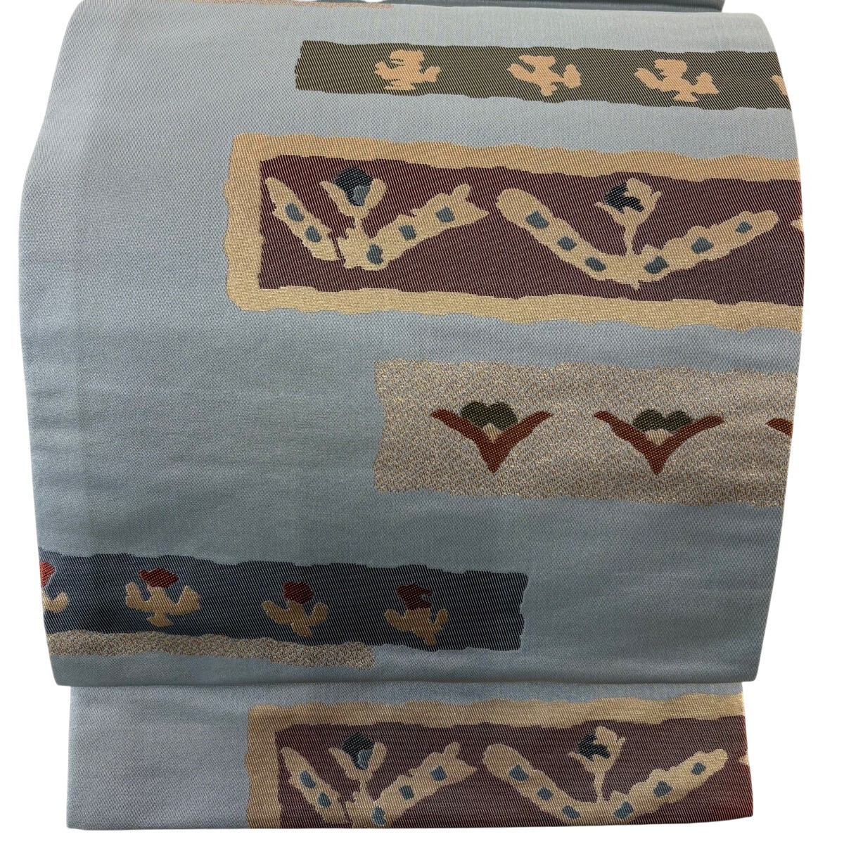 【美品】 袋名古屋帯 秀品 草花 幾何学 箔 青灰色 正絹 【中古】
