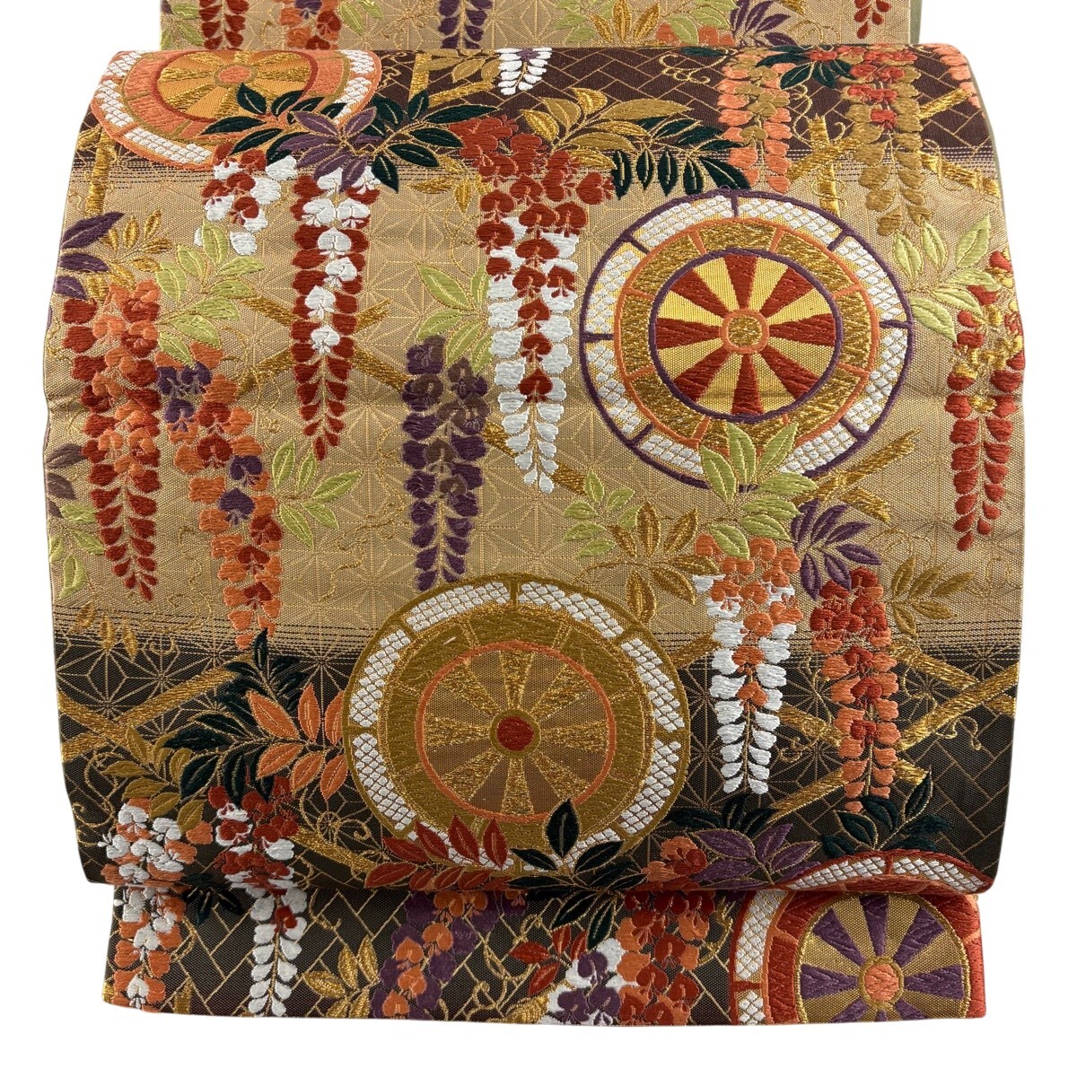 【美品】 袋帯 秀品 振袖向き 源氏車 藤 金糸 唐織 薄茶色 六通 正絹 【中古】