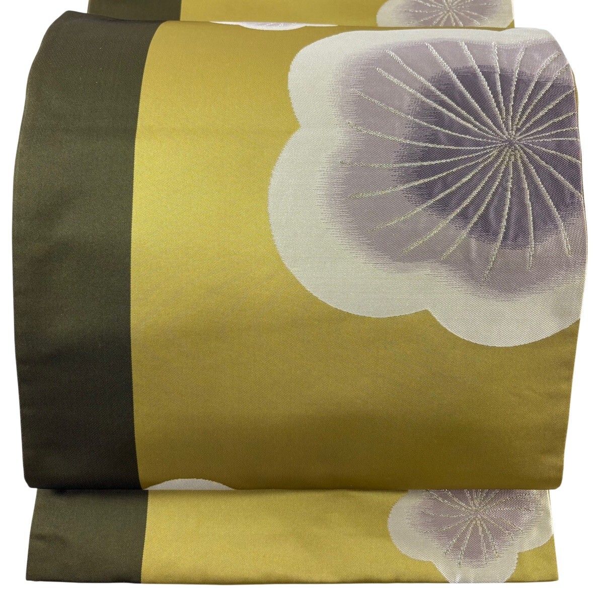 袋帯 名品 辻村ジュサブロー 落款 梅 金糸 鶯色 六通 正絹 【中古】