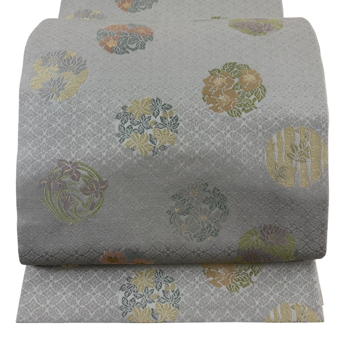 袋帯 名品 箔屋清兵衛 落款 草花 箔 草木染 灰色 六通 正絹 【中古】