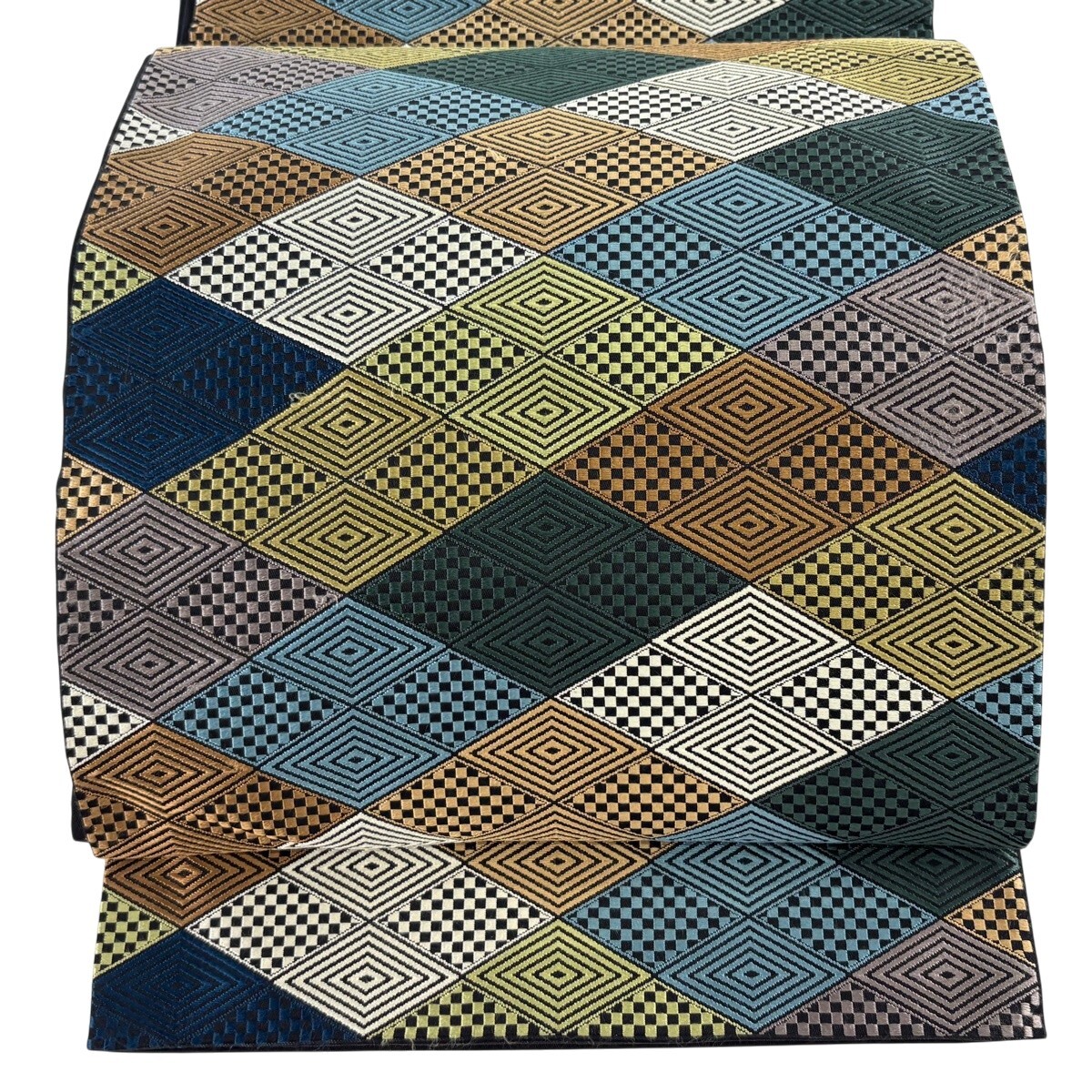 袋帯 名品 川島織物 落款 関西仕立て 菱 市松 深緑 六通 正絹 【中古】