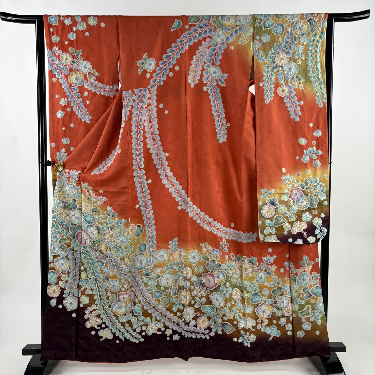 【美品】 振袖 身丈163cm 裄丈63.5cm S 袷 落款 辻が花 金通し ぼかし 朱色 正絹 名品 【中古】