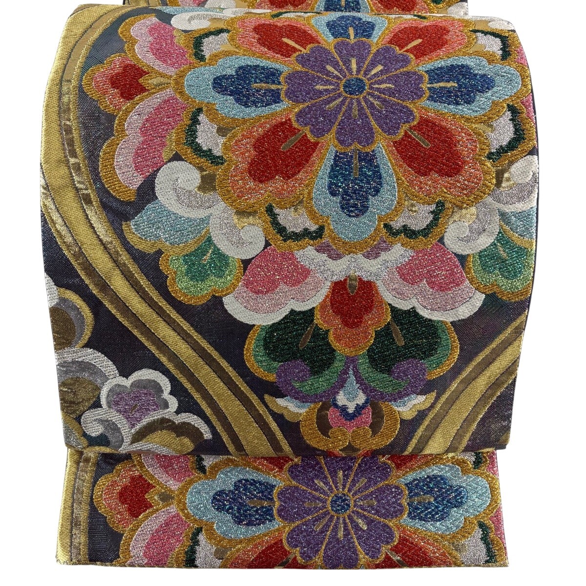 【美品】 袋帯 秀品 振袖向き 立涌華紋 華文 立涌 金銀糸 箔 青緑 六通 正絹 【中古】