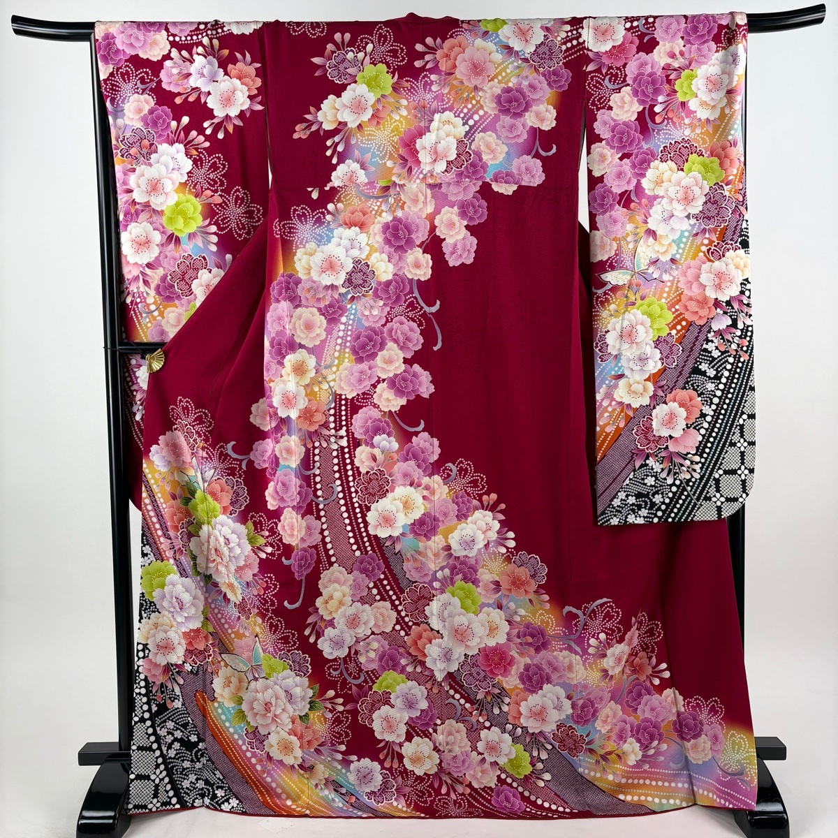 振袖 身丈171.5cm 裄丈68cm L 袷 牡丹 蝶 金糸 金彩 赤 正絹 名品 【中古】