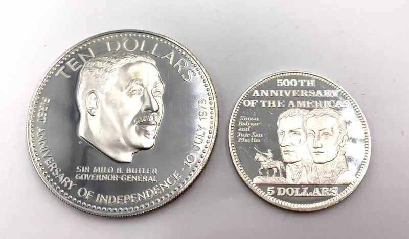 バハマ銀貨　バハマ独立記念プルーフ10ドル1974年　アメリカ発見500年記念プルーフ5ドル1992年