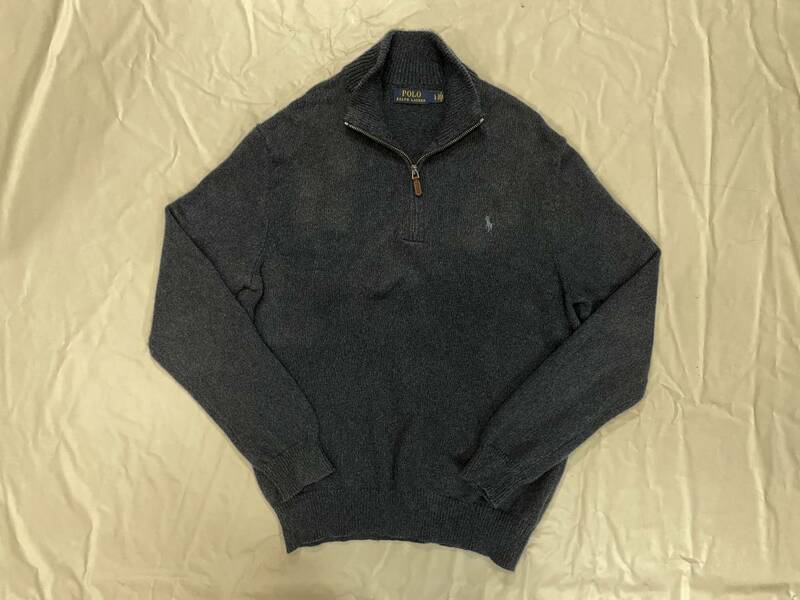 古着 1846 Lサイズ ポロ ラルフローレン メンズ コットン ハーフジップ セーター POLO Ralph Lauren NAVY 紺