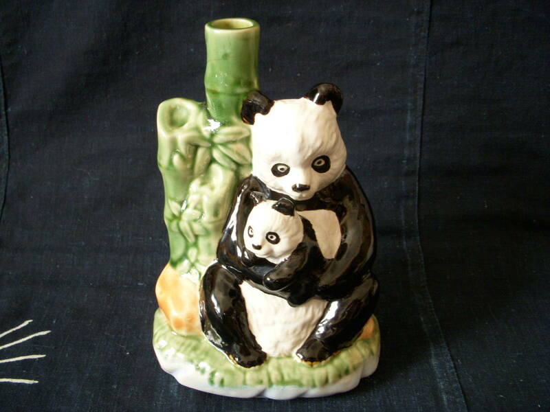 陶器製　パンダ親子　一輪挿し　花瓶　置物