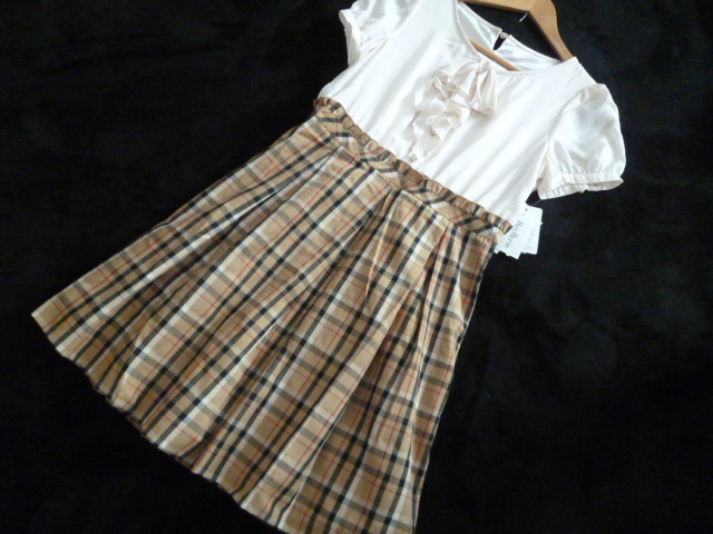 【新品】RecHerie/パレモ△アイボリーリボンフリルブラウス×ベージュチェックスカート異素材ドッキングワンピース９AR/９号M膝丈△OP122