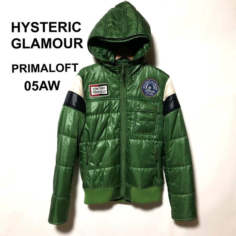 HYSTERIC GLAMOUR ヒステリックグラマー 05AW 名作プリマロフトフードジャケット S 美品 緑/HG ワッペン