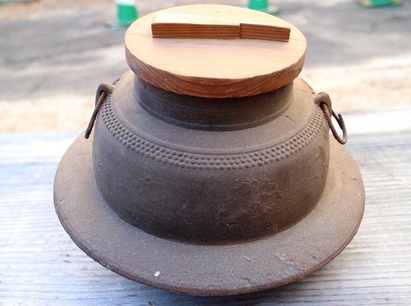 (0112)　時代　茶道具　鋳物製　茶釜　木蓋　茶室道具　水漏れなし