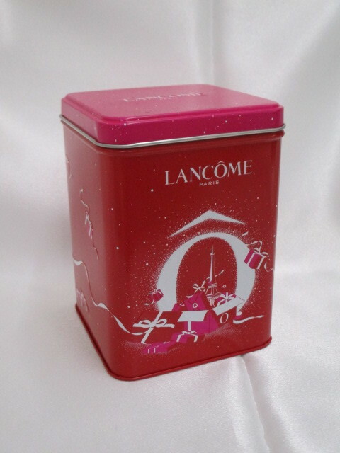 LANCOME ランコム 蓋つき缶ケース 高さ約12cm 縦横約8cm EMPTY METAL BOX ピンク×赤 化粧品入れ 