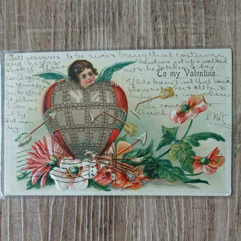 アンティーク ポストカード バレンタイン エンジェル 天使 キューピッド 1907年